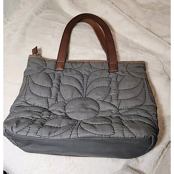 FOSSIL‎ Bag Purse Keyper Gray Quilted Womens Tote Nylon Satchel Flower Design - Picture 6 of 15